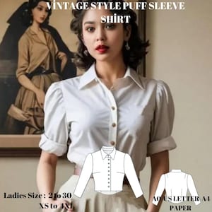 Puede incluir: Un patrón de costura para una camisa blanca de manga abullonada de estilo vintage. El patrón está impreso en papel A4 e incluye tallas XS a 4XL. El patrón se muestra en una modelo que lleva la camisa.