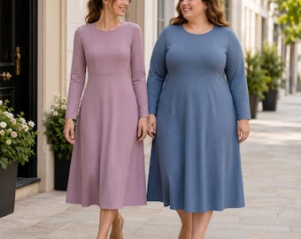 Rund hals, modest midiklänning PDF-mönster, långärmad vardagssömnad, XS-4XL