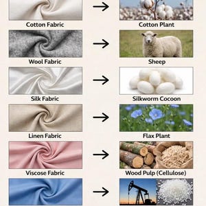 May include: An educational graphic showing the origins of various fabrics. Cotton fabric comes from the cotton plant, wool from sheep, silk from silkworm cocoons, linen from flax, viscose from wood pulp, and polyester from oil wells and plastic pellets.