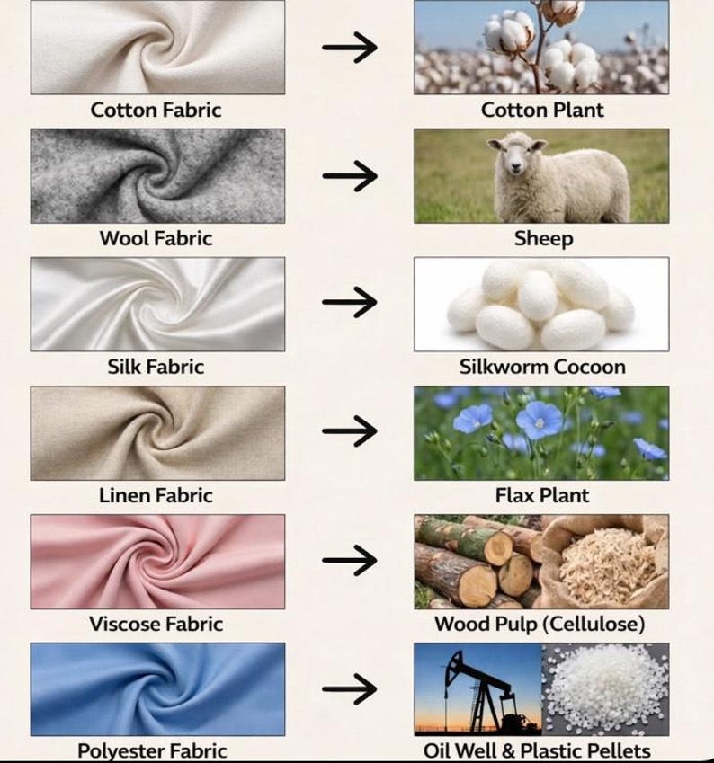 May include: An educational graphic showing the origins of various fabrics. Cotton fabric comes from the cotton plant, wool from sheep, silk from silkworm cocoons, linen from flax, viscose from wood pulp, and polyester from oil wells and plastic pellets.