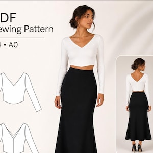 Cartamodello per top corto con scollo a V e blusa a maniche lunghe in formato PDF, taglie 2-30.