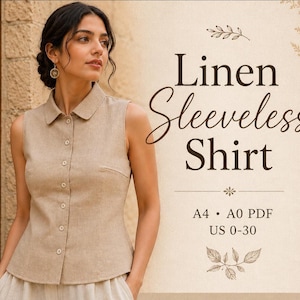 Linen Sleeveless Shirt PDF Pattern, Collared Button Top, A4 A0, US 0-30