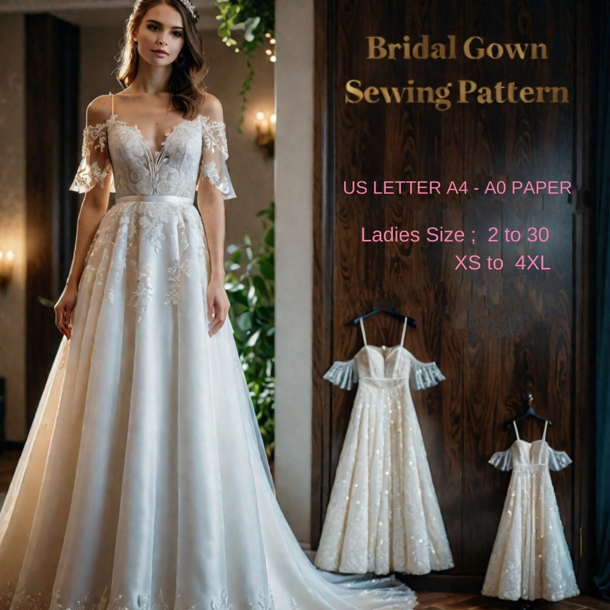 Elegant Bridal Maxi Dress Sewing Pattern in Sizes US 2-30 XS-4XL for A0-A4 Formats
