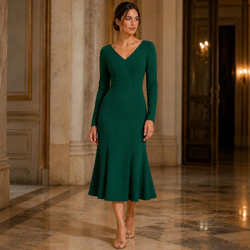 K&ouml;nnte beinhalten: Smaragdgr&uuml;nes Kleid mit langen &Auml;rmeln und V-Ausschnitt. Das Kleid hat einen ausgestellten Rock und reicht bis zum Knie. Das Model tr&auml;gt goldene Abs&auml;tze. Das Kleid scheint aus einem glatten Stoff zu sein.