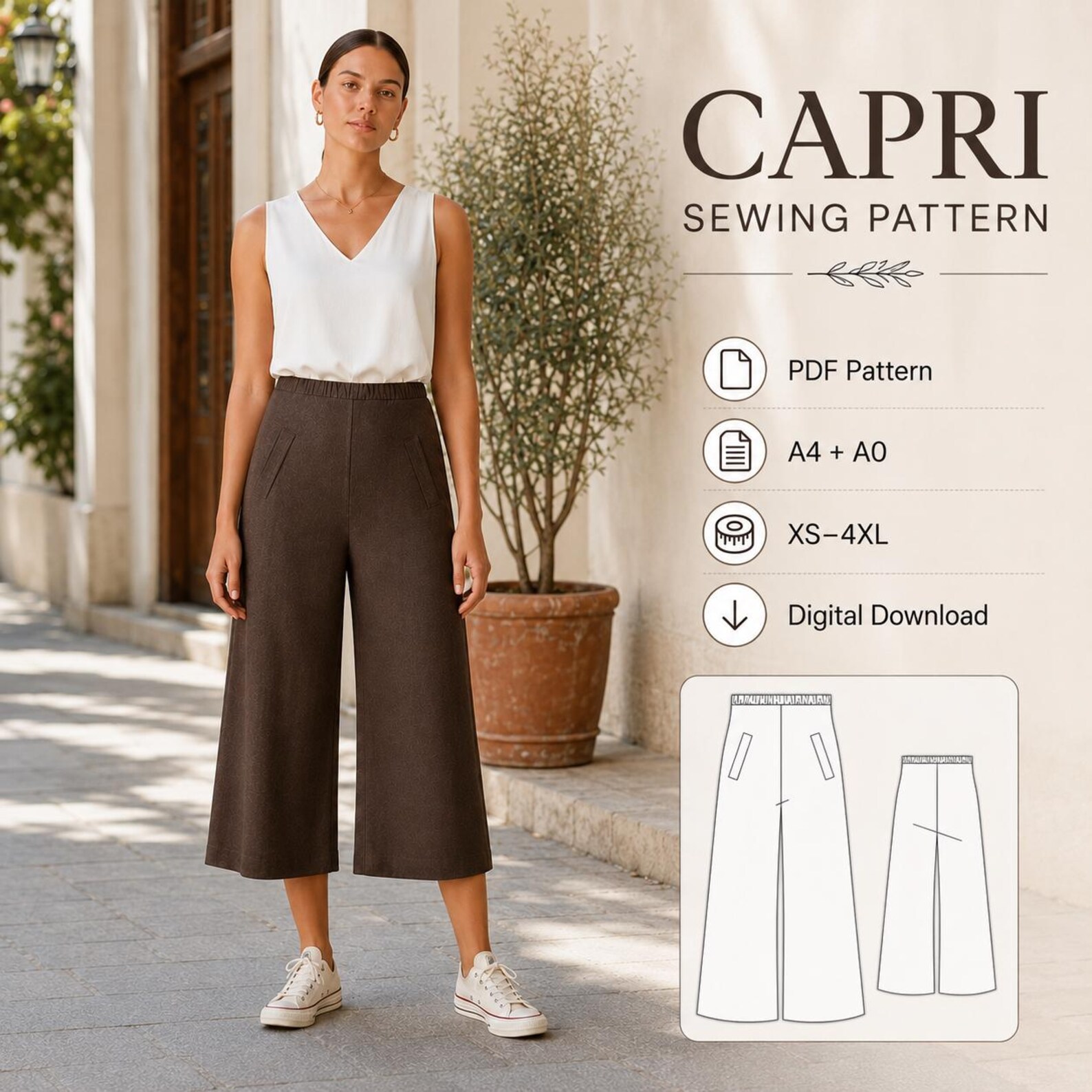 Capri Pattern Linen Capri Palazzo Pants Sewing Pattern Elastic Waist (A0 A4 Sizes ...