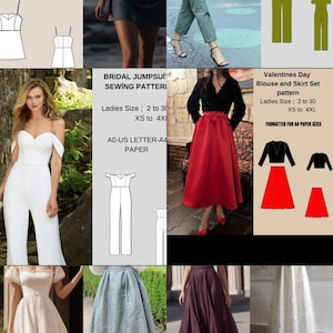 Puede incluir: Un collage de patrones de costura para diversas prendas, incluyendo un minivestido de verano, un mono, un mono de novia y un conjunto de blusa y falda, con dibujos t&eacute;cnicos y fotograf&iacute;as de prendas terminadas en diversos estilos.