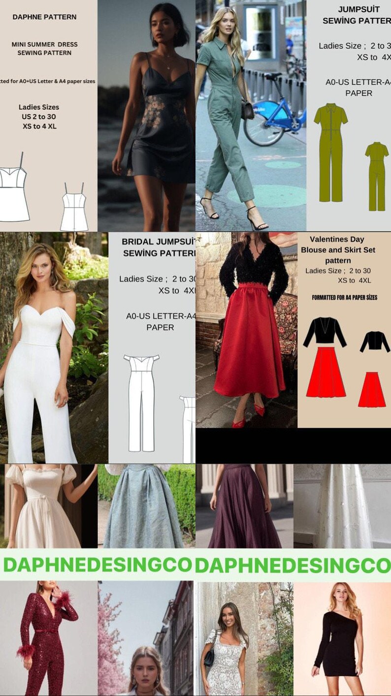 Puede incluir: Un collage de patrones de costura para diversas prendas, incluyendo un minivestido de verano, un mono, un mono de novia y un conjunto de blusa y falda, con dibujos t&eacute;cnicos y fotograf&iacute;as de prendas terminadas en diversos estilos.