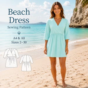 Pode incluir: Um molde de costura para um vestido de praia com o texto Beach Dress Sewing Pattern A4 & A0 Sizes 2-30. A imagem mostra um vestido transpassado azul-claro com mangas três quartos e cintura franzida, ao lado de desenhos técnicos em preto e branco.