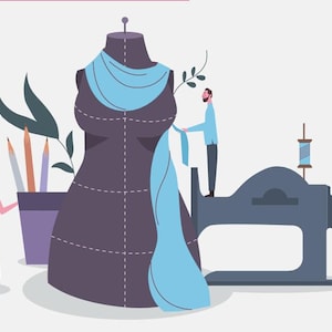 Puede incluir: Una ilustraci&oacute;n vectorial plana que muestra un maniqu&iacute; de costura gris oscuro drapeado con tela azul claro, una m&aacute;quina de coser, un recipiente morado con tres l&aacute;pices de colores y una peque&ntilde;a figura ajustando la tela sobre la m&aacute;quina.