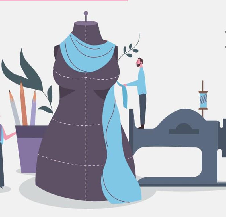 Puede incluir: Una ilustraci&oacute;n vectorial plana que muestra un maniqu&iacute; de costura gris oscuro drapeado con tela azul claro, una m&aacute;quina de coser, un recipiente morado con tres l&aacute;pices de colores y una peque&ntilde;a figura ajustando la tela sobre la m&aacute;quina.