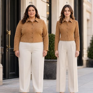 May include: Two women wearing matching outfits. Each outfit includes a tan suede jacket with button closures and cream-colored wide-leg pants. The jacket has a collared neckline. One woman is wearing a 4XL size, and the other is wearing a size S.