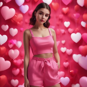 Könnte beinhalten: Eine Frau in einem rosa Crop-Top und einer passenden Shorts steht vor einem rosa Hintergrund mit rosa Herzen.