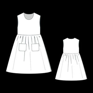 Puede incluir: Un vestido blanco sin mangas con escote redondo y falda fruncida. La versi&oacute;n m&aacute;s grande a la izquierda presenta dos bolsillos cuadrados de parche en la parte delantera, mientras que la versi&oacute;n m&aacute;s peque&ntilde;a a la derecha es un vestido sencillo sin bolsillos.