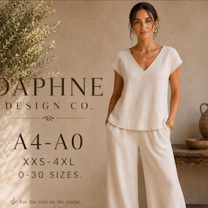 May include: A cream-coloured two-piece set consisting of a short-sleeved V-neck top and wide-leg trousers. The fabric has a textured, crinkled appearance. Text on the image reads: DAPHNE DESIGN CO. A4-A0, XXS-4XL, 0-30 SIZES.