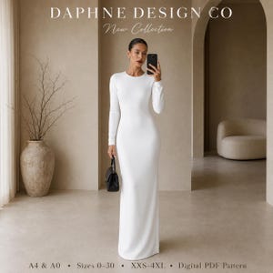 May include: A floor-length white long-sleeve dress with a round neckline. The text DAPHNE DESIGN CO New Collection is at the top. The bottom text reads A4 & A0 • Sizes 0-30 • XXS-4XL • Digital PDF Pattern. The dress is solid white and fitted.