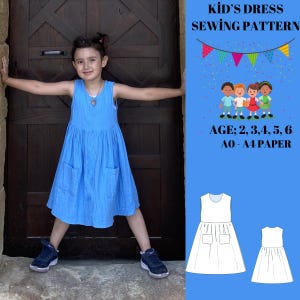 Puede incluir: Un patr&oacute;n de costura digital para vestido infantil, con el texto KID'S DRESS SEWING PATTERN, AGE: 2, 3, 4, 5, 6, A0 - A4 PAPER y un gr&aacute;fico de cuatro ni&ntilde;os. Incluye un dibujo lineal de un vestido sin mangas con dos bolsillos delanteros.