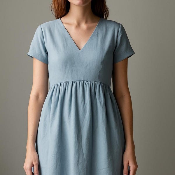 Leinen V-Ausschnitt Cottagecore Kleid Schnittmuster (US 2-30, XS-4XL) (Digital Download)