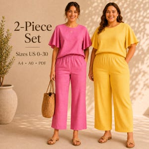 Pode incluir: Um conjunto de duas peças composto por uma blusa de manga curta com babados e calças de perna larga. Um conjunto é rosa sólido e o outro é amarelo sólido. O texto na imagem diz: 2-Piece Set, Sizes US 0-30, A4, A0, PDF.