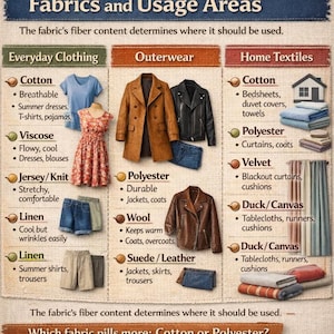 May include: Informative graphic detailing fabric types and their uses. Categories include Everyday Clothing, Outerwear, and Home Textiles. Examples of fabrics include cotton, polyester, wool, and linen, with associated garment and textile applications.