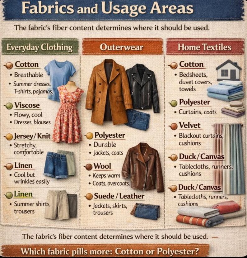 May include: Informative graphic detailing fabric types and their uses. Categories include Everyday Clothing, Outerwear, and Home Textiles. Examples of fabrics include cotton, polyester, wool, and linen, with associated garment and textile applications.