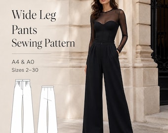 Cartamodello per pantaloni da donna a gamba larga, pantaloni palazzo a vita alta PDF, A4 A0