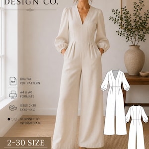 Patron de couture pour combinaison pantalon large femme, col en V, fermeture éclair sur le devant, tailles 2 à 30, format PDF A4 ou A0