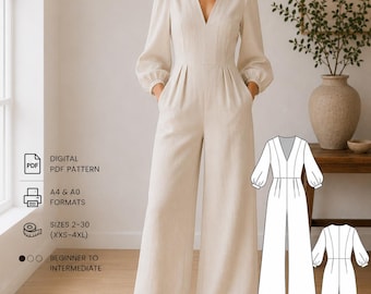 Women’s Wide Leg Jumpsuit Sewing Pattern, V Neck Zip Front, Sizes 2-30, A4 A0 PDF