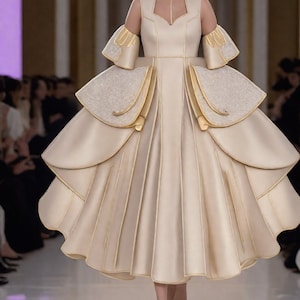 May include: A white dress with gold trim and a large, layered skirt. The dress has a sweetheart neckline and a fitted bodice. The model is wearing a wide-brimmed hat and gold heels.