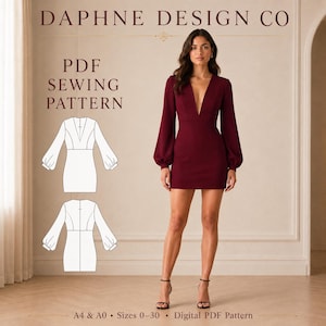 Deep V Mini Dress PDF Sewing Pattern | Balloon Sleeve Cocktail Dress | US 2–30