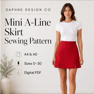 High Waist Mini Skirt Sewing Pattern PDF, Front Slit A-Line, A4 A0, Sizes 0-30