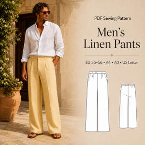 Pode incluir: Uma pessoa vestindo uma camisa de linho branca e calças de linho amarelas. A imagem também mostra um padrão de costura em PDF para calças de linho masculinas, com informações de tamanho e desenhos de linha das calças.