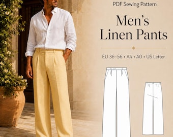Men’s Linen Pants, Summer Trousers PDF, Wide Leg Pants Pattern, 36-56 A4 - A0