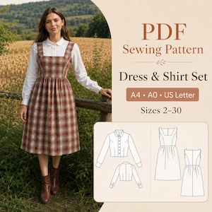 May include: A woman wearing a white shirt and a plaid dress. The dress is red, brown, and cream-colored. The image also includes a PDF sewing pattern for a dress and shirt set, with sizes 2-30.