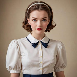 May include: A white blouse with a Peter Pan collar and a navy blue bow tie. The blouse has puffed sleeves and a button-up front.
