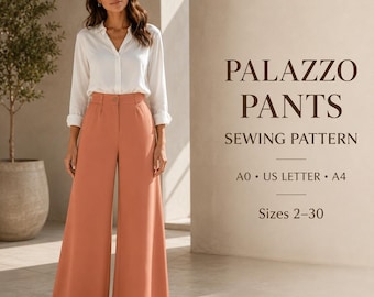 Wide Leg Palazzo Pants Sewing Pattern, Front Pleat PDF, Sizes 2-30