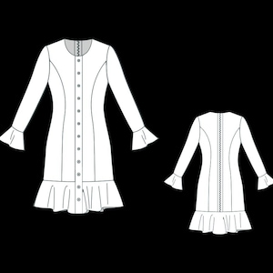 Vintage Ruffle Dress Sewing Pattern: Long Sleeve Button Front (PDF ...