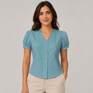 Può includere: Una camicetta a maniche corte color blu polvere con scollo a V, chiusura frontale con quattro bottoni visibili e maniche leggermente a sbuffo. Il capo è abbinato a pantaloni beige chiaro, creando un completo dai toni neutri.