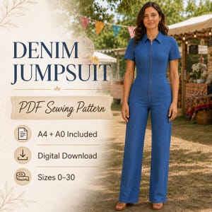 Könnte beinhalten: Eine Frau in einem blauen Jeans-Jumpsuit mit Reißverschluss und kurzen Ärmeln. Das Bild enthält den Text "DENIM JUMPSUIT PDF Sewing Pattern" und Details zum Schnittmuster, einschließlich der Größen 0-30.