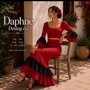 May include: A two-piece red outfit featuring a long-sleeve crop top and a floor-length skirt, both accented with black ruffled trim. The text on the left reads Daphne Desing co. A4 - A0, XXS - 4XL, 0 - 30 SIZES, 2026 COLLECTION.