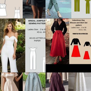 May include: A collection of sewing patterns for various garments including a mini summer dress, a green jumpsuit, a white bridal jumpsuit, a red and black blouse and skirt set, and several dresses in different colors, lengths, and fabric textures.