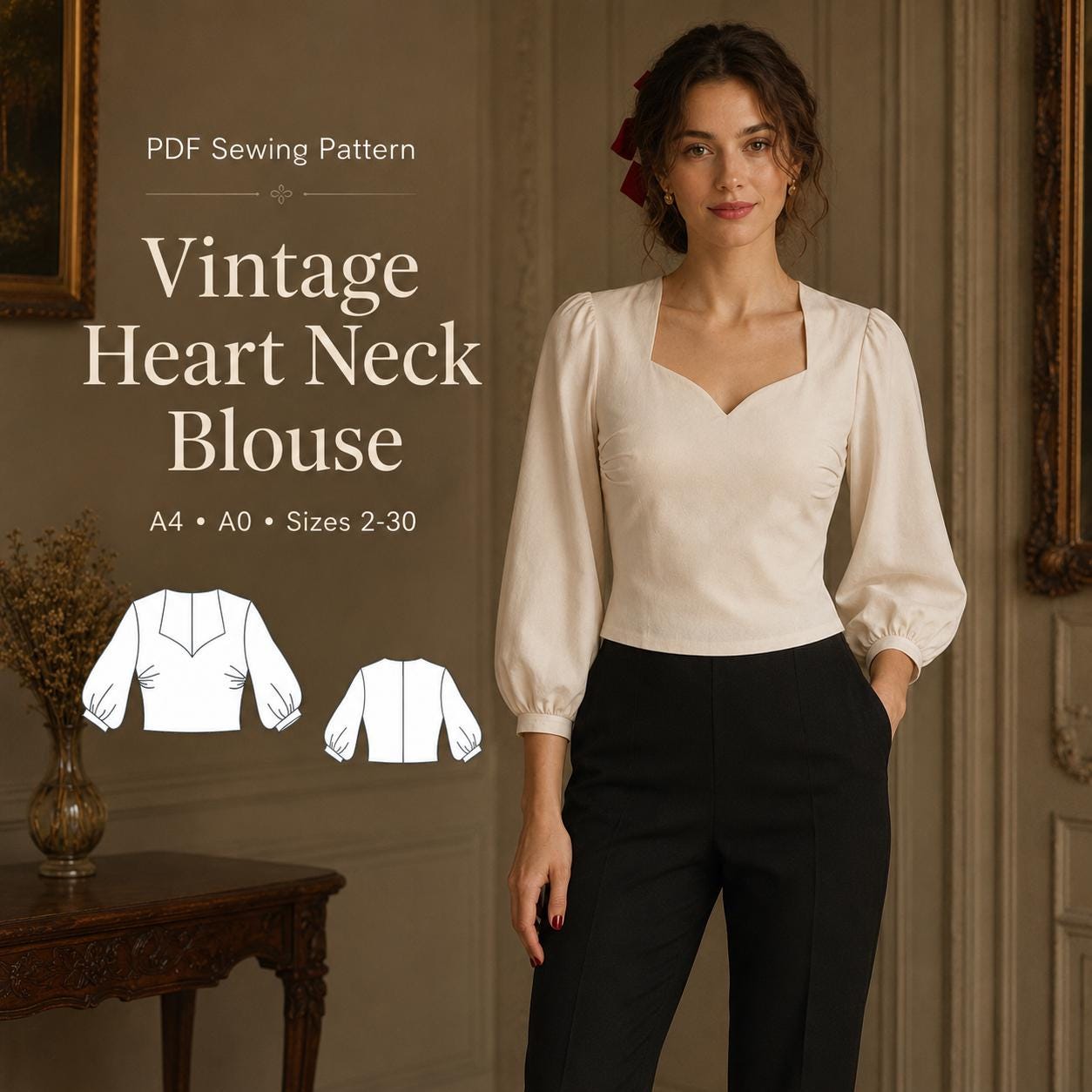 Vintage Sweetheart Neck Blouse PDF Sewing Pattern, Bishop Sleeve Top ...