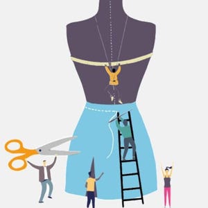 Puede incluir: Un maniqu&iacute; de costura de color morado oscuro con una secci&oacute;n de falda azul claro. Peque&ntilde;as figuras interact&uacute;an con la forma: una trepa por una cinta m&eacute;trica, otra sube a una escalera para marcar la tela, una sostiene tijeras naranjas y otra est&aacute; de pie.