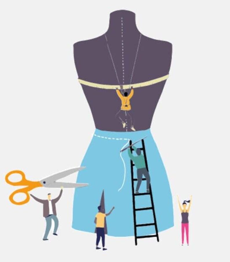 Puede incluir: Un maniqu&iacute; de costura de color morado oscuro con una secci&oacute;n de falda azul claro. Peque&ntilde;as figuras interact&uacute;an con la forma: una trepa por una cinta m&eacute;trica, otra sube a una escalera para marcar la tela, una sostiene tijeras naranjas y otra est&aacute; de pie.