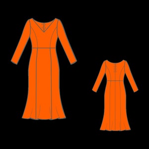 K&ouml;nnte beinhalten: Zwei orangefarbene Kleider mit langen &Auml;rmeln und Fischschwanzsaum werden vor schwarzem Hintergrund gezeigt. Das gr&ouml;&szlig;ere Kleid hat einen V-Ausschnitt, w&auml;hrend das kleinere Kleid einen runden Ausschnitt hat. Beide Kleider haben ein figurbetontes Oberteil und einen ausgestellten Rock.