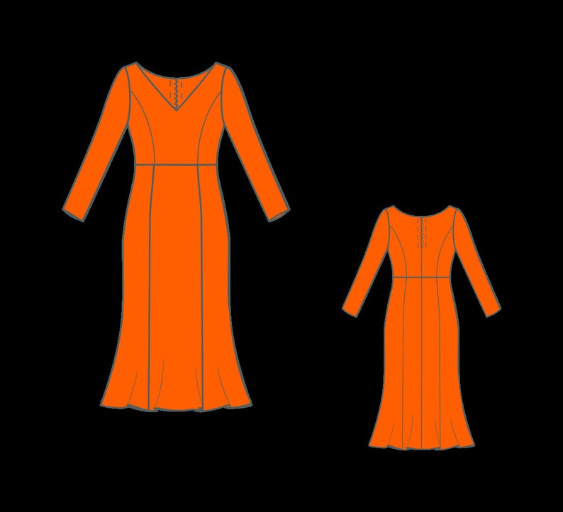 K&ouml;nnte beinhalten: Zwei orangefarbene Kleider mit langen &Auml;rmeln und Fischschwanzsaum werden vor schwarzem Hintergrund gezeigt. Das gr&ouml;&szlig;ere Kleid hat einen V-Ausschnitt, w&auml;hrend das kleinere Kleid einen runden Ausschnitt hat. Beide Kleider haben ein figurbetontes Oberteil und einen ausgestellten Rock.