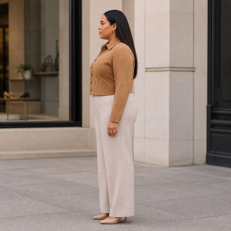 May include: A woman wearing a tan suede button-up shirt and cream-colored wide-leg pants. The outfit is paired with matching pointed-toe heels. The background features a storefront and a building with a stone facade.