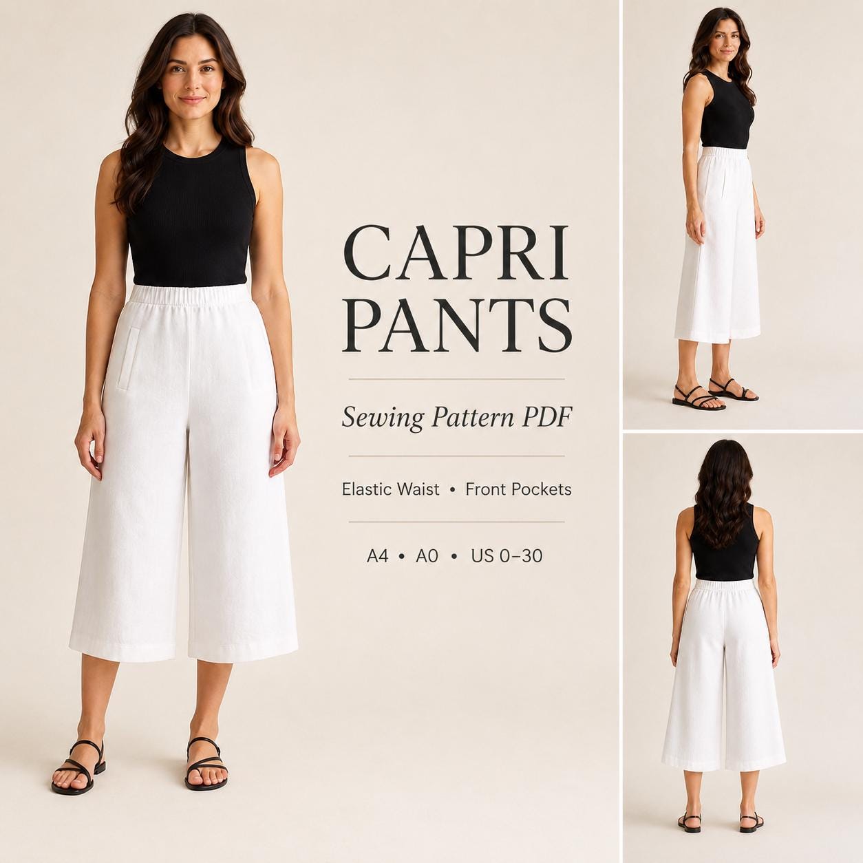 Capri Pattern Women’s Wide Leg Capri Pants Sewing Pattern, Elastic Waist PDF A0 A4 - Etsy