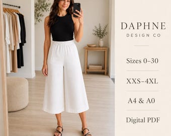 Women’s Wide Leg Capri Pants Sewing Pattern, Elastic Waist PDF A0 A4