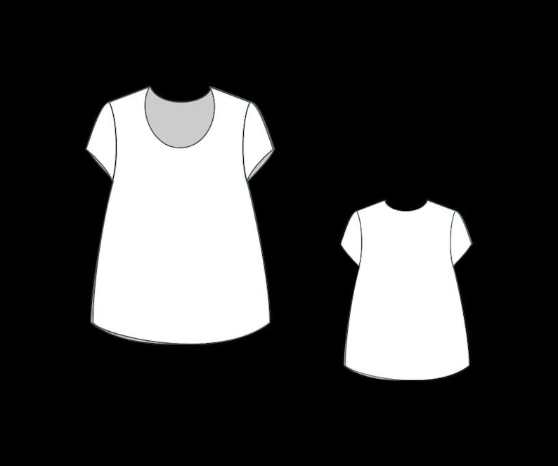 May include: Two white t-shirts with short sleeves and a scoop neck are displayed against a black background. One shirt is larger than the other, suggesting a size difference. The design is simple and minimalist.