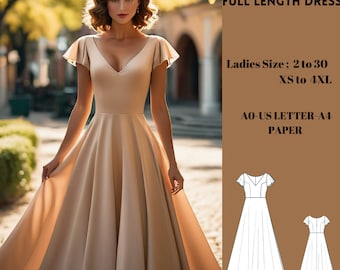 V-Ausschnitt in voller Länge Kleid Schnittmuster , PDF Schnittmuster, US 2 bis 30 | XS bis 4XL
